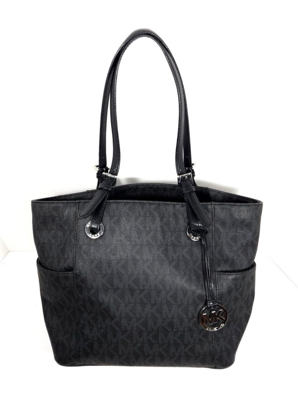 Michael Kors Jet Set Signature Logo Tote Bag Black Monogram Silver Hardware